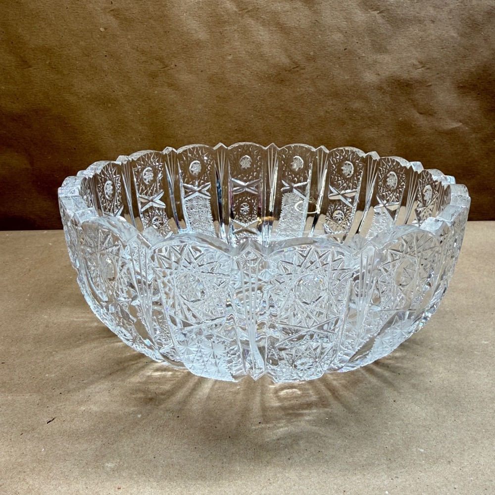 Vintage Heavy Cut Crystal Bowl Pinwheel Hobstar Starburst Scalloped Heavy 8"
